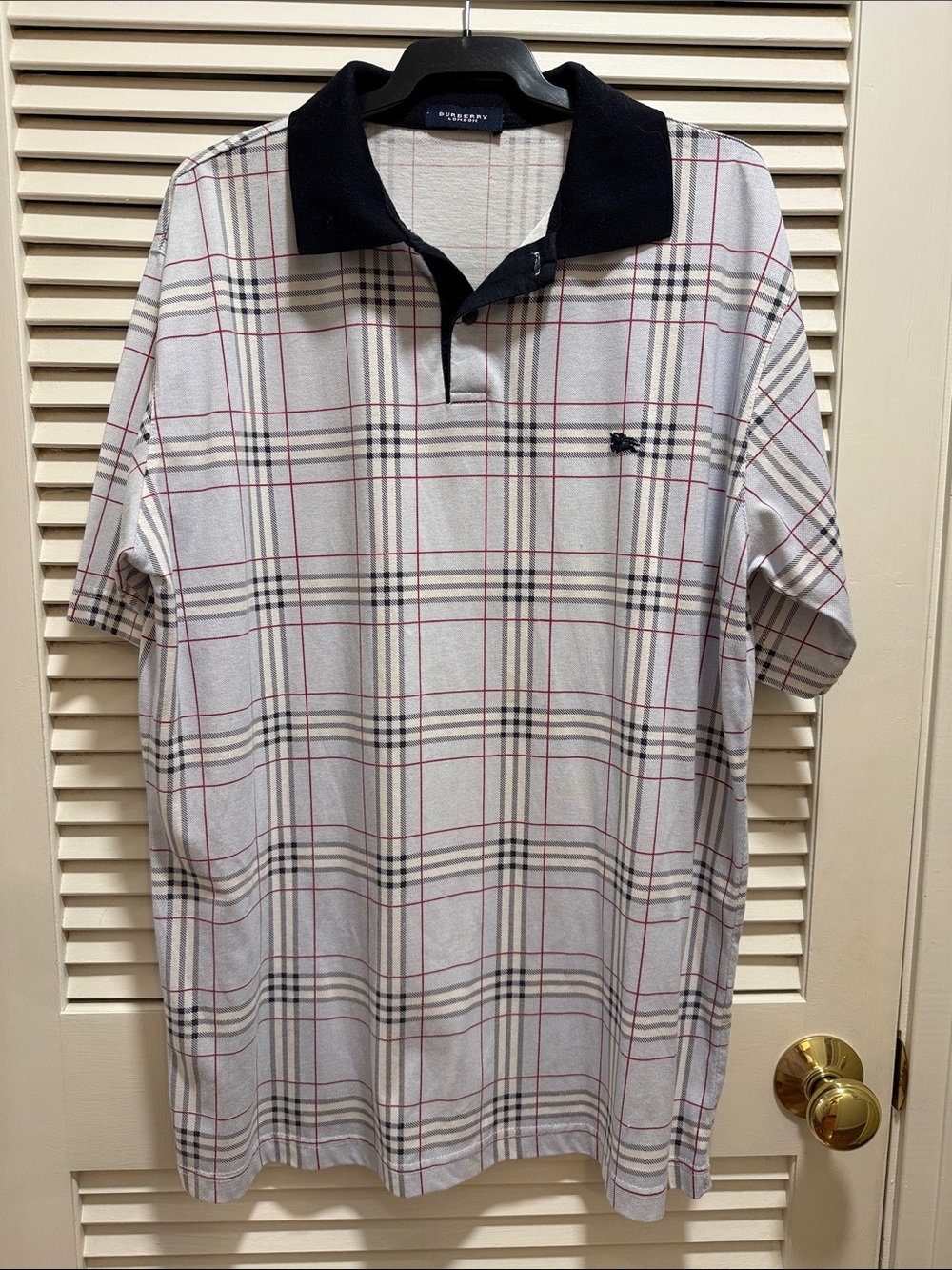 Burberry White Plaid Polo with Black Collar